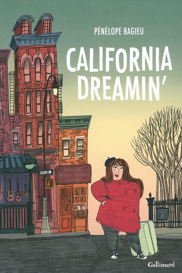 Cover of California Dreamin' by Peneloped Bagnieu. A cartoon of young 'Mama' Cass Elliot standing on a city block