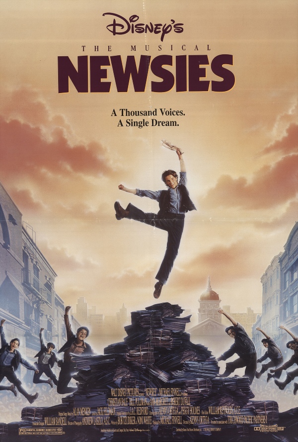 Poster for Newsies, with Christian Bale jumping up with a newspaper