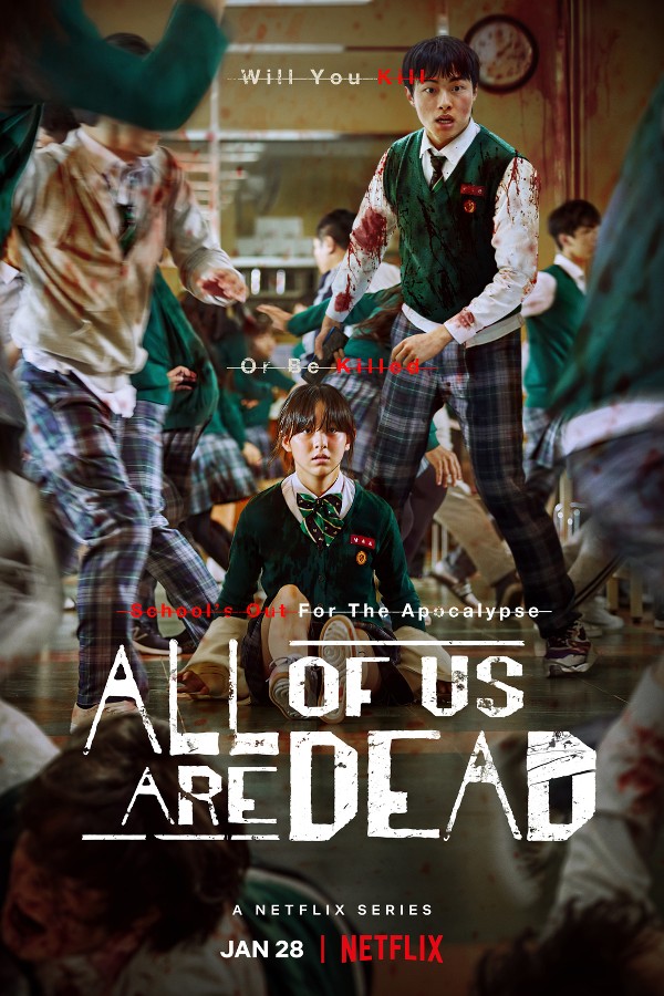 Poster for All of Us Are Dead, with two Korean high school students fighting off zombies