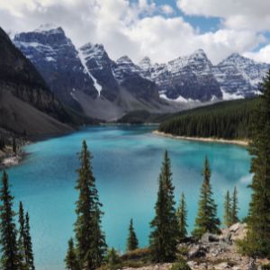 Moraine Lake with Rocky Mountains in the background