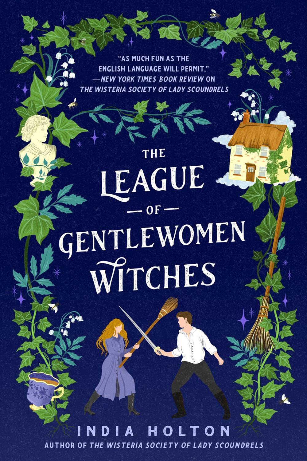 A man and a woman spar with a sword and a broom on a dark blue background, while ivy crawls up the sides of the cover.