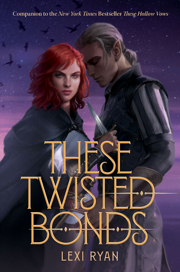 A girl with red hair stares at the reader and cuddles close to a male faerie with silver hair with birds flying behind against a purply night sky.