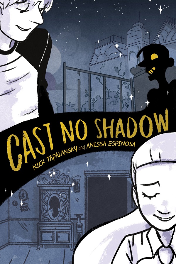 Cover of Cast No Shadow by Nick Tapalansky. A white boy smiles at a very white girl, while a dark figure lurks in the background