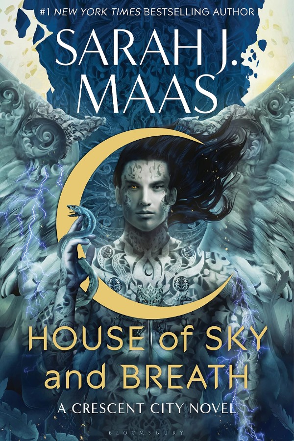 Cover of House of Sky and Breath, with a yellow crescent around the face of Hunt, a dark-haired tattooed angel with lightening around his arms