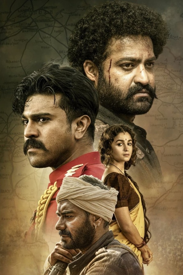 Poster for RRR, with the 4 main Indian characters in profile looking tough AF