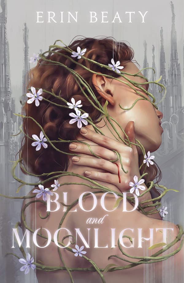 Cover of Blood and Moonlight, featuring a white woman from the shoulders up wrapped in flowering vines