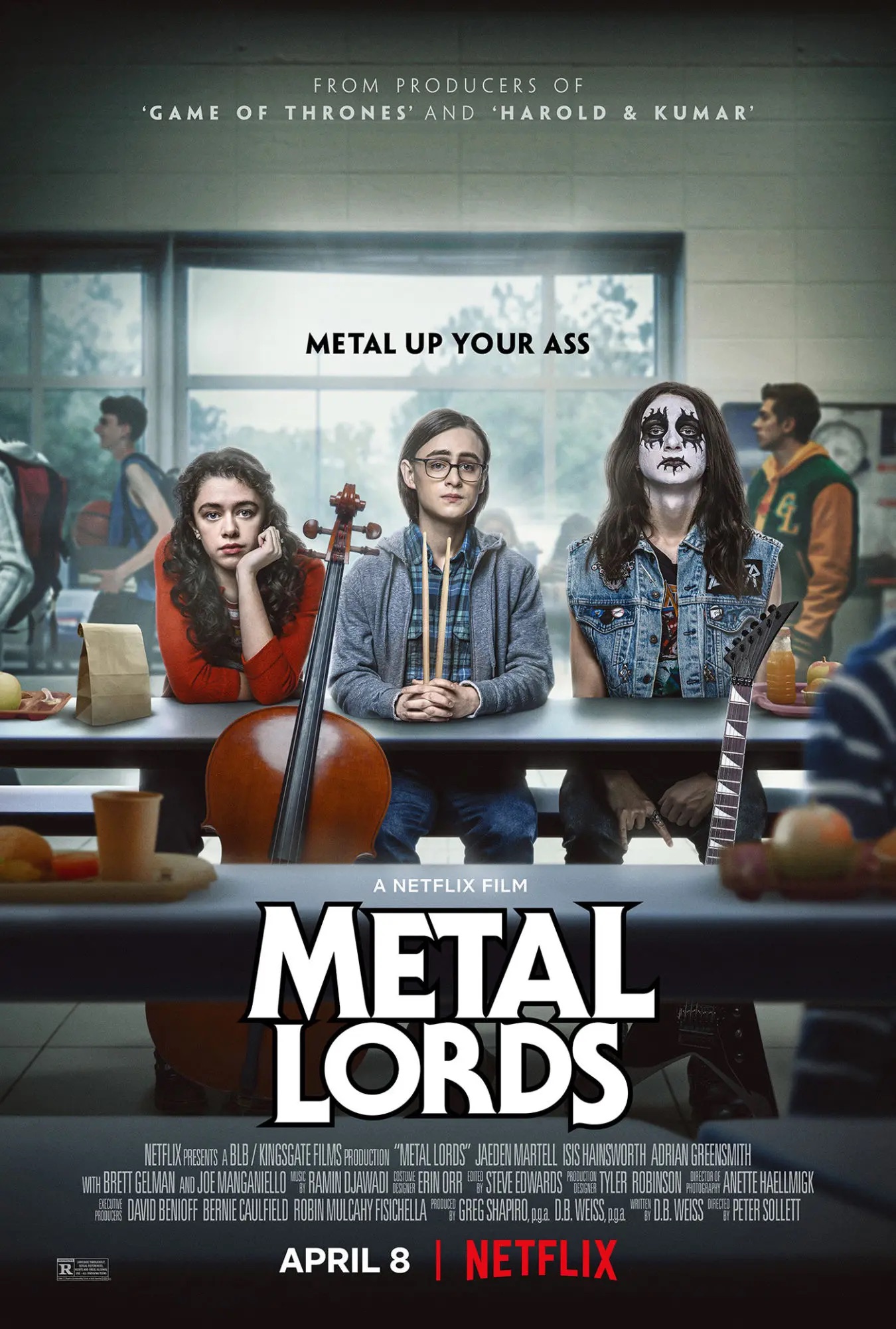 Poster for Metal Lords, featuring a young woman and two young men sitting at a cafeteria table.