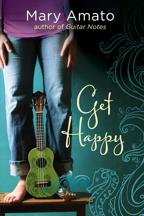 Cover of Get Happy by Mary Amato. A girls barefett with a ukelele between them