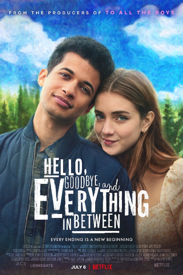 Poster for Hello, Goodbye and Everything in Between, with Aidan and Claire staring at the camera with their heads together and a blue sky in the background