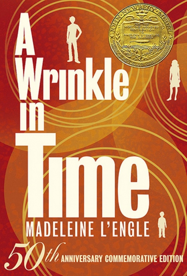 An orange background with circles and small silhouettes of the characters standing around the book title.