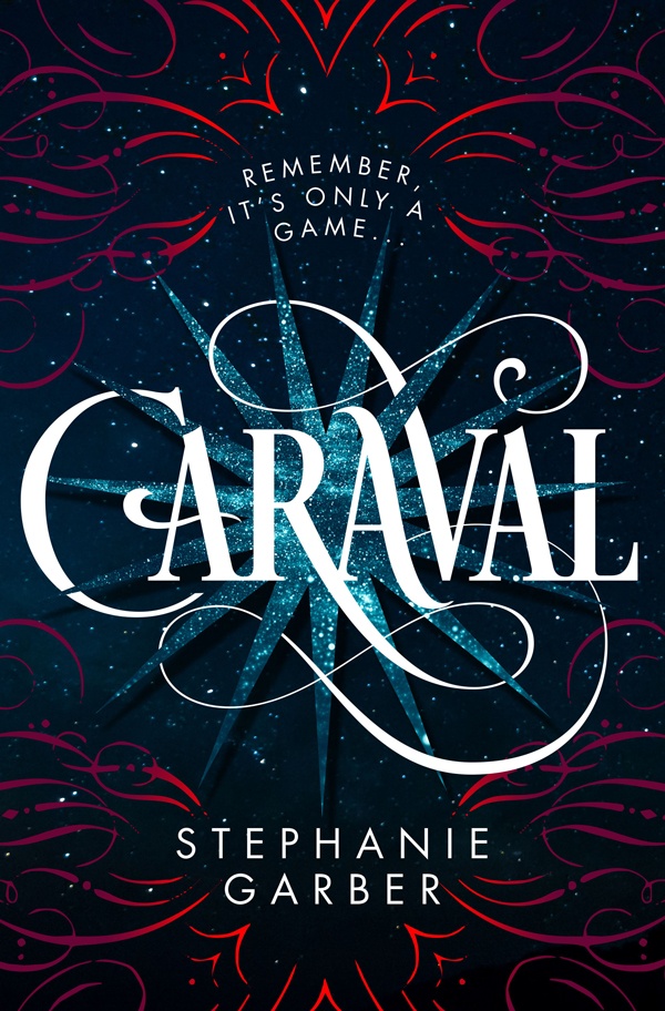 The title surrounded by swirly silver starbeams and red scrollwork on a black background