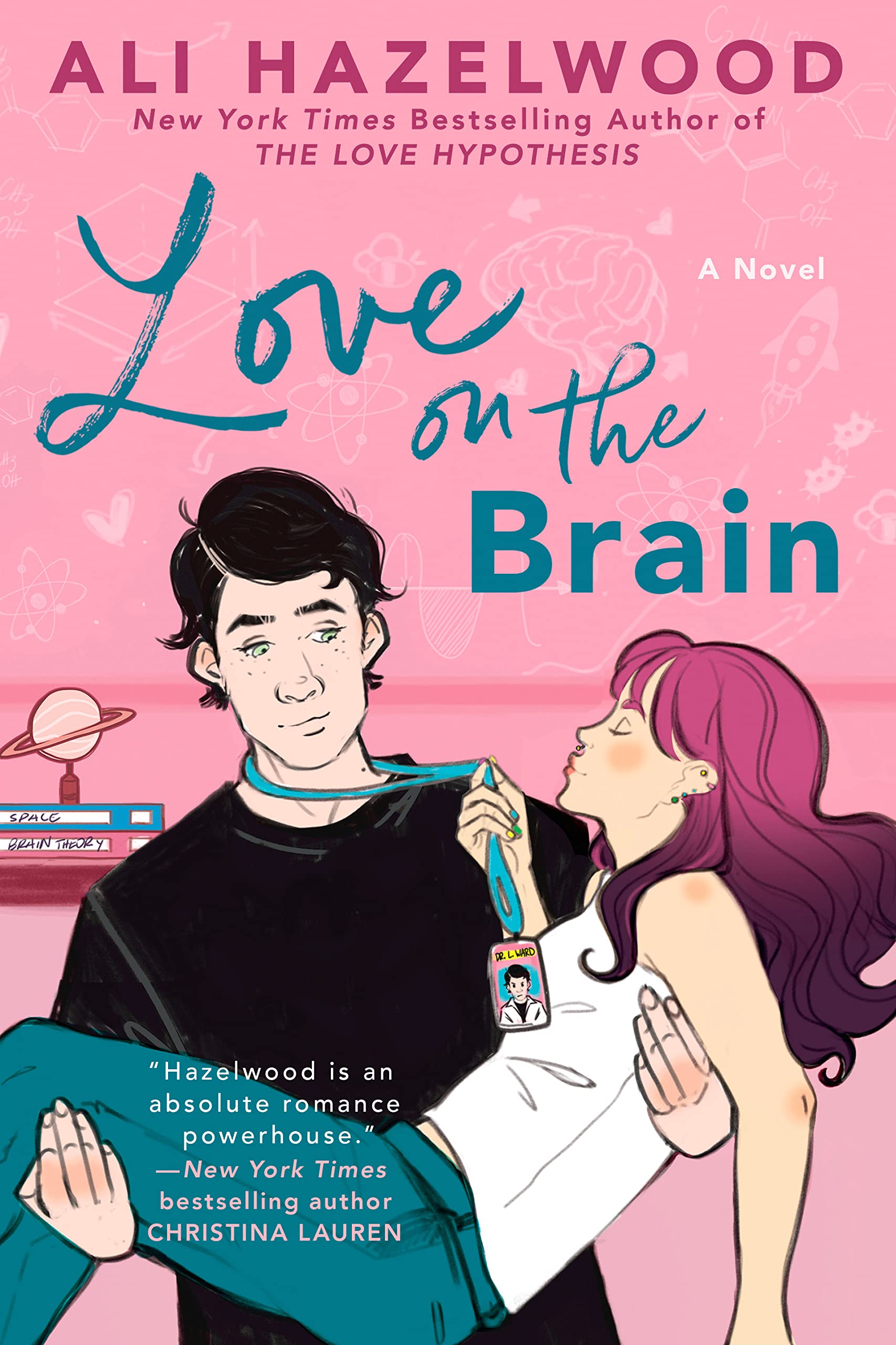 Cover of Love on the Brain, featuring a dark-haired man carrying a pink-haired woman in his arms in front of a pink background