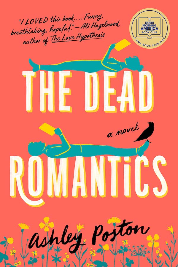 Cover of The Dead Romantics, with two illustrated figures lying on words from the title reading books