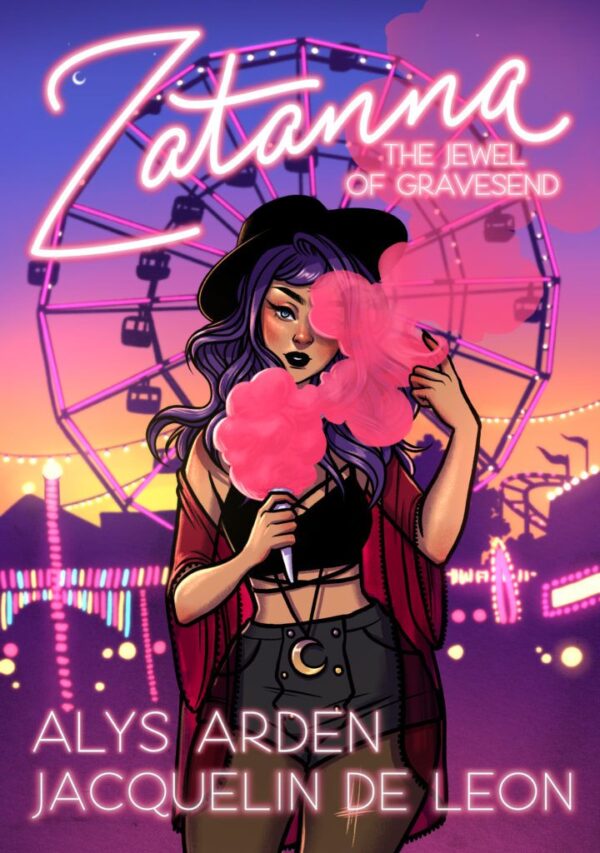 Cover of Zatanna: The Jewel of Gravesend, featuring a purple-haired woman holding cotton candy in front of a ferris wheel