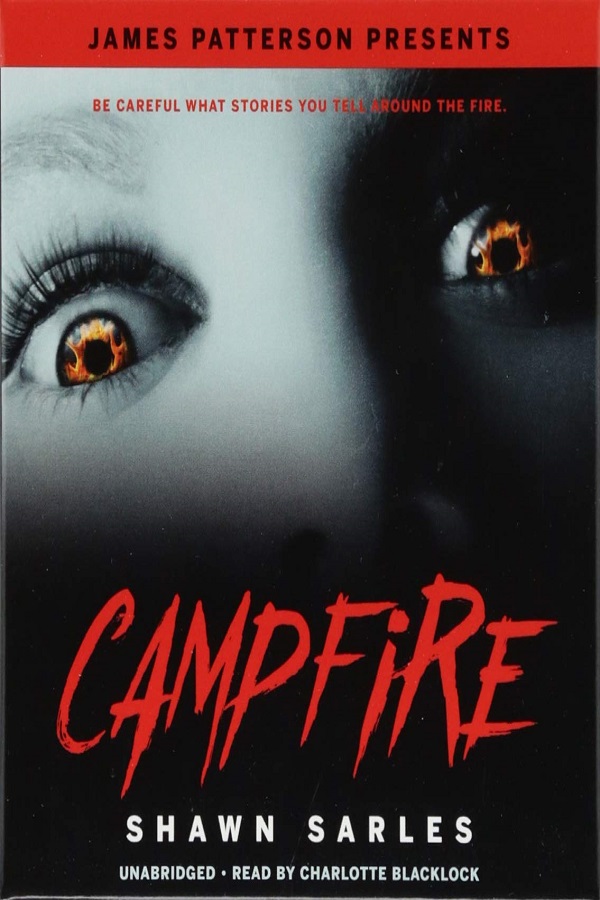 Cover of Campfire by Shawn Sarles. Closeup of a pair of eyes, reflecting a campfire