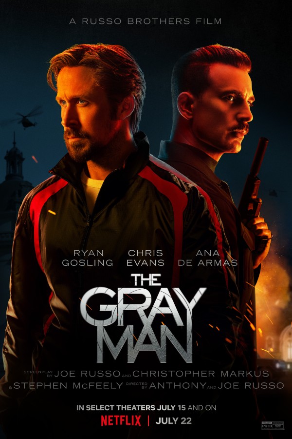 Poster for The Gray Man, with Ryan Gosling and Chris Evans facing opposite directions and looking serious