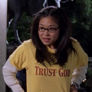 Lane Kim from Gilmore Girls wearing a Trust God t-shirt