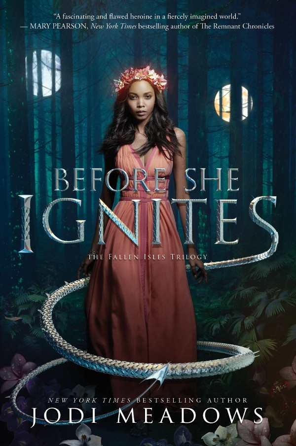 Cover of Before She Ignites, featuring a young black woman standing in a forest with a dragon's tail curled around her
