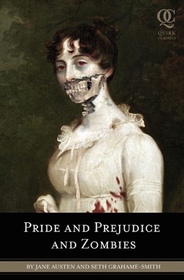 A classic Pride & Prejudice cover with a portrait of Elizabeth Bennet, but she's got a zombie/skull mouth.