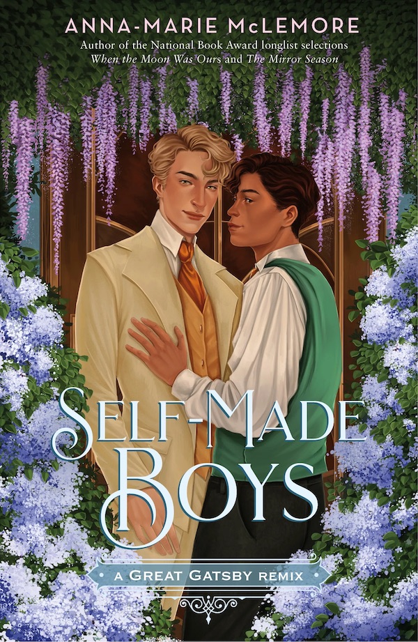 Cover of Self-Made Boys, featuring a brunet young man holding onto a blonde young man surrounded by flowers