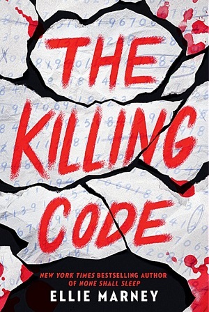 Cover of The Killing Code, featuring the title in red in front of a bloody ripped piece of paper with code written on it