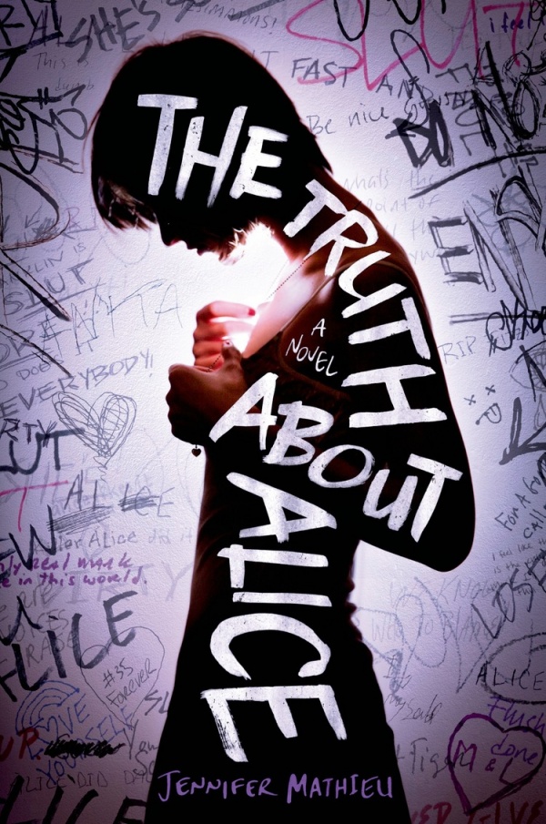 The silhouette of a girl with the title outlined on her, surrounded by words written on a wall.
