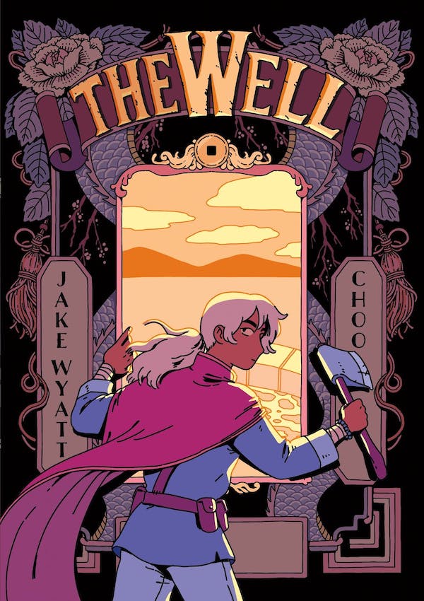 Cover of The Well, featuring an illustrated young woman with long blonde hair holding an axe about to go out a window.