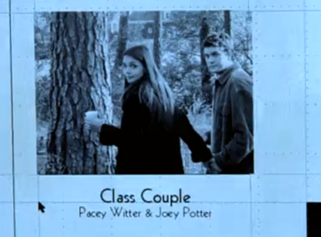A yearbook page of Joey and Pacey holding hands over the words "Class Couple"