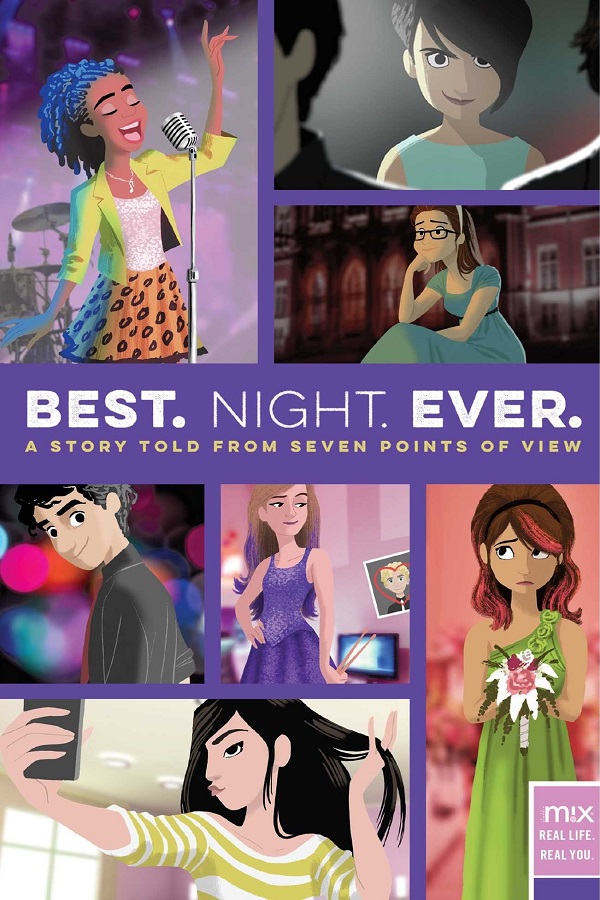 Cover of Best Night Ever. Six girls and one guy of various races in middle school dance scenes.