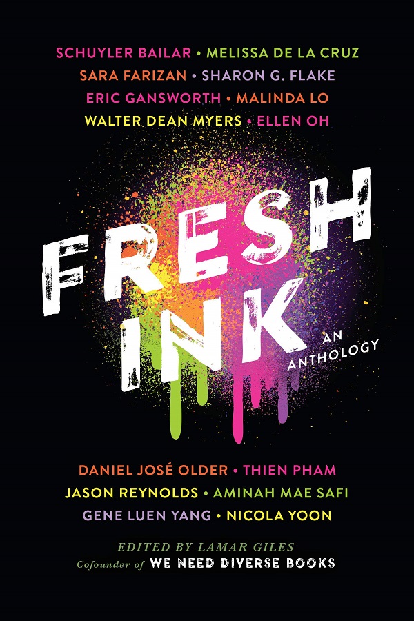 Cover of Fresh Ink, edited by Lamar Giles. A blob of colorful ink on a black background