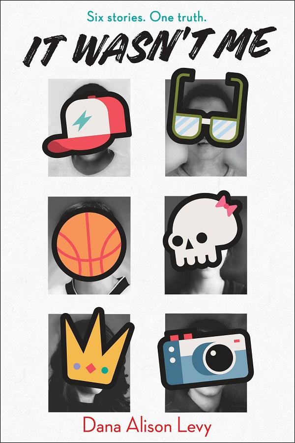 Cover of It Wasn't Me by Dana Alison Levy. A yearbook page with the faces obscured by emojis