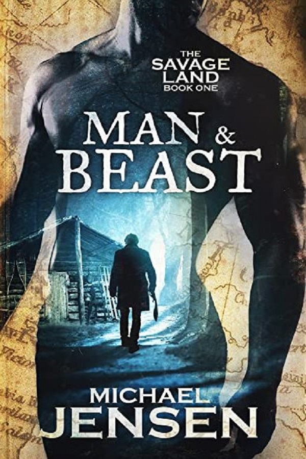 Cover of Man & Beast by Michael Jensen. An image of a shadowy man in front of the torso of a shirtless hunk