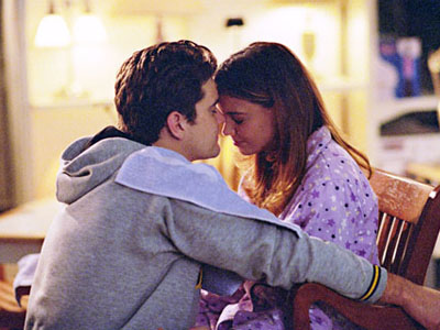 Pacey and Joey sit forehead to forehead, both in PJs, smiling