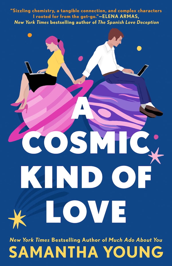 Cover of A Cosmic Kind of Love, featuring a pink-haired woman on a pink planet with her back to a man on a purple planet