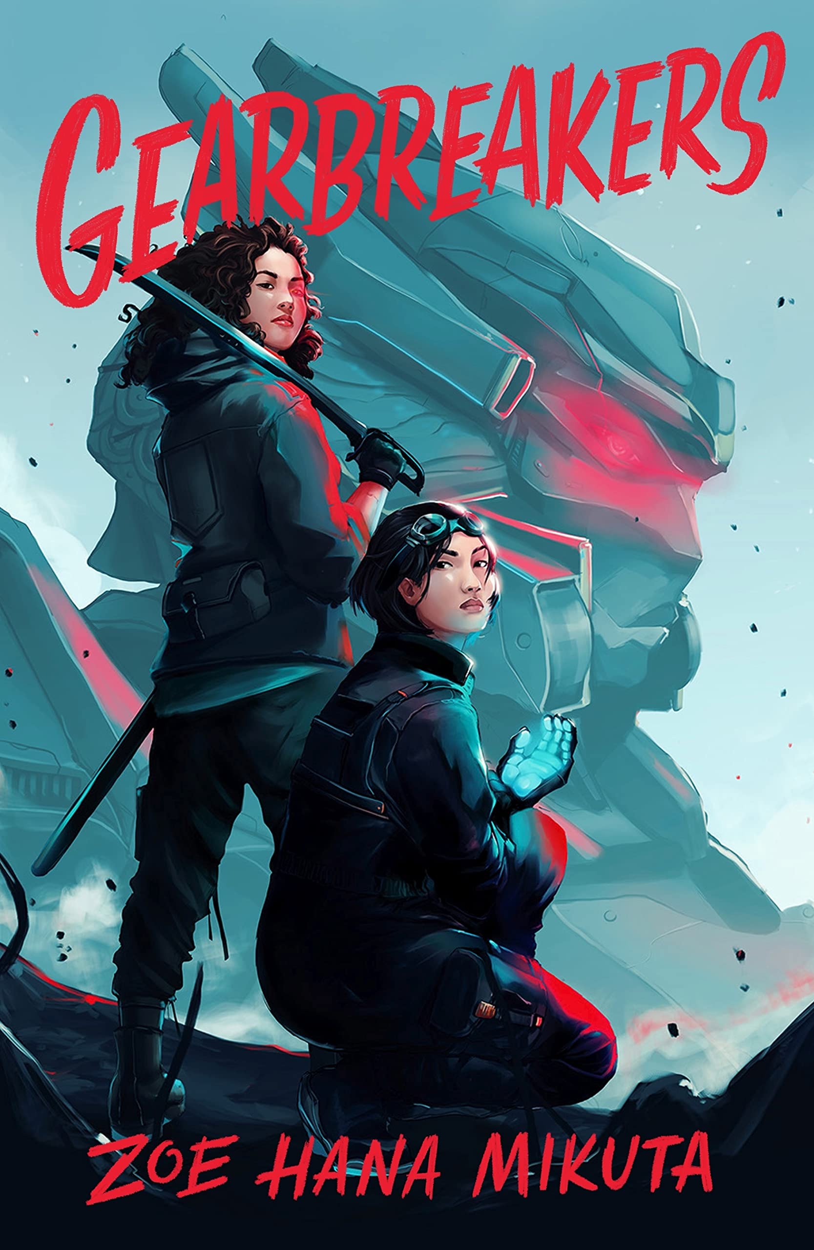 Cover of Gearbreakers, featuring two young Asian women in front of a large robot.