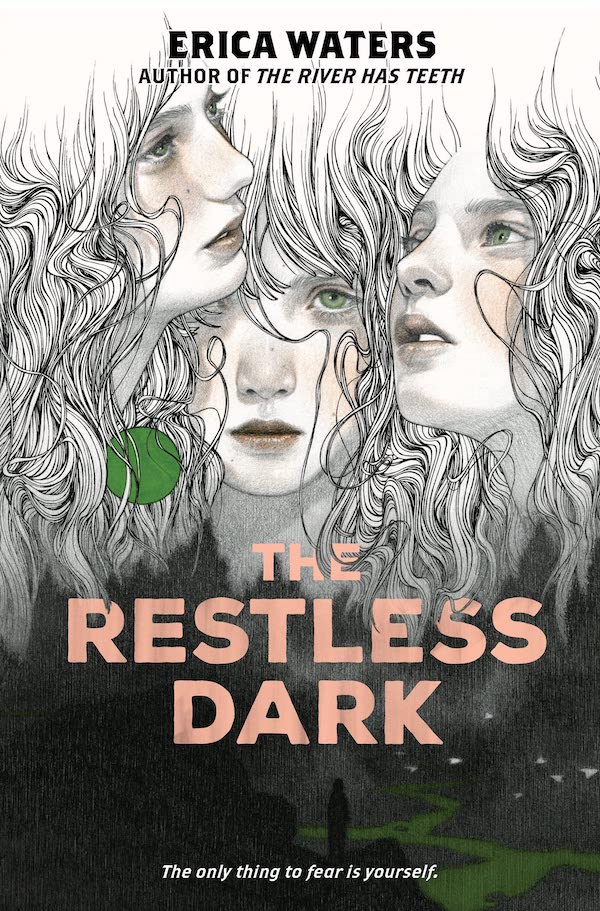 Cover of The Restless Dark, featuring an illustration of three young women above a shadowy figure standing on the edge of a cliff.