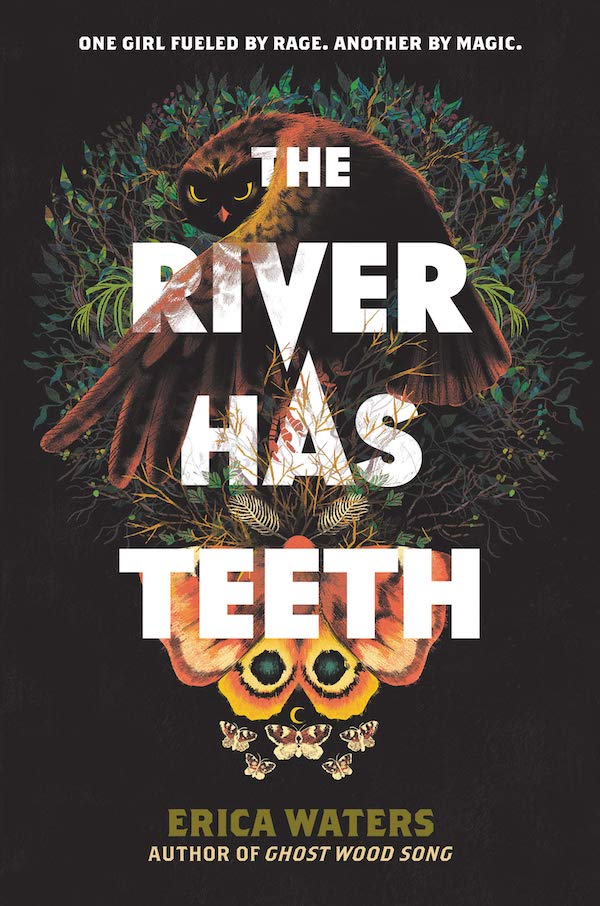 Cover of The River Has Teeth, featuring a skull made of natural items like a moth, branches, and an owl on a black background.