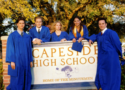 Drue, Dawson, Jen, Joey and Jack in graduate robes, standing around the Capeside High School sign and grinning for the camera