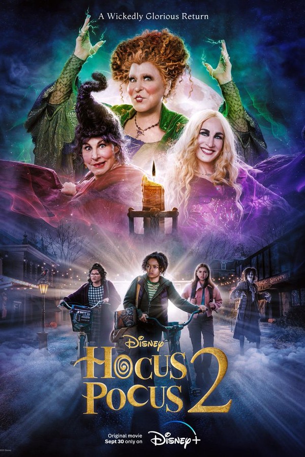 Poster for Hocus Pocus 2, with the Sanderson Sisters hovering above three teen girls