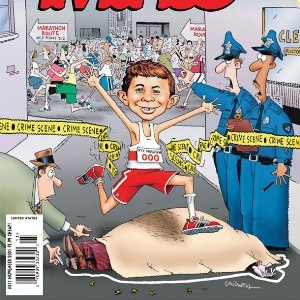 Cover from a 2001 issue of MAD Magazine, with Alfred, in marathon gear, breaking through police tape at a murder scene