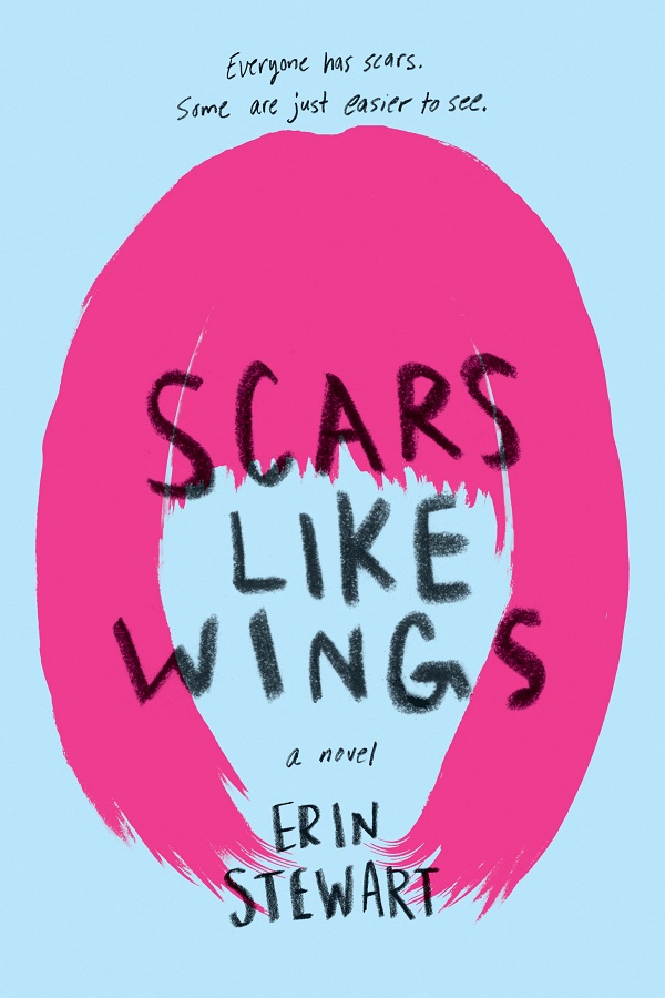 Cover of Scars Like Wings by Erin Stewart. A fuscia wig on a light blue background.