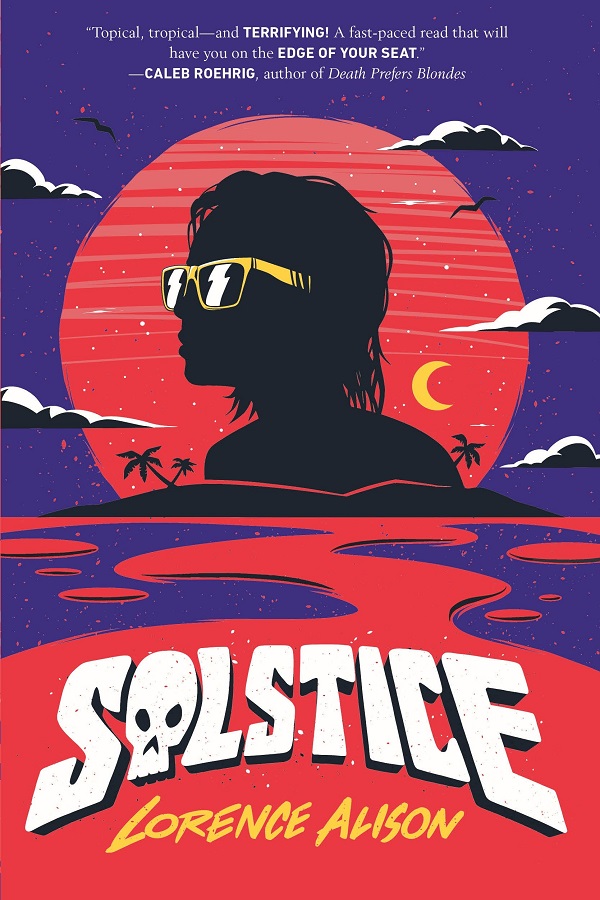 The silouette of a woman's head in sunglasses in front of a sun over an island. The O in 'solstice' is a skull