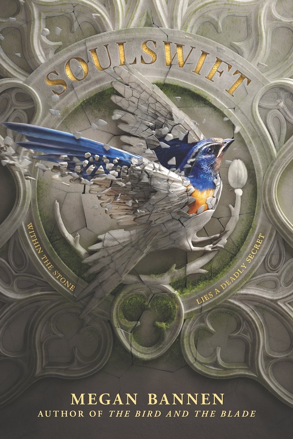 Cover of Soulswift, by Megan Bannen. A sculpture of a bird breaks apart to reveal a life, blue bird.