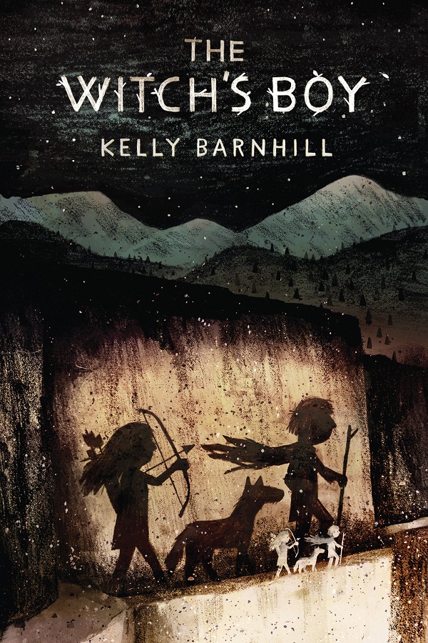 Cover of The Witch's Boy by Kelly Barnhill. The shadows of a girl with a boy, a boy with a staff, and a wolf, on the wall of a hill