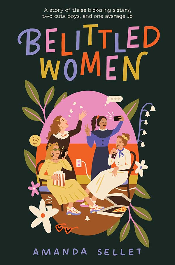 4 women sit around in period-appropriate clothing with modern-day touches like someone taking a selfie, a box of pizza, and a phone cable plugged into the wall.