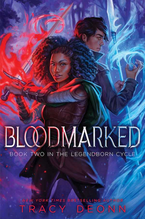 Cover of Bloodmarked, featuring a Black girl holding a magic sword with her back to a black-haired boy with a magic staff