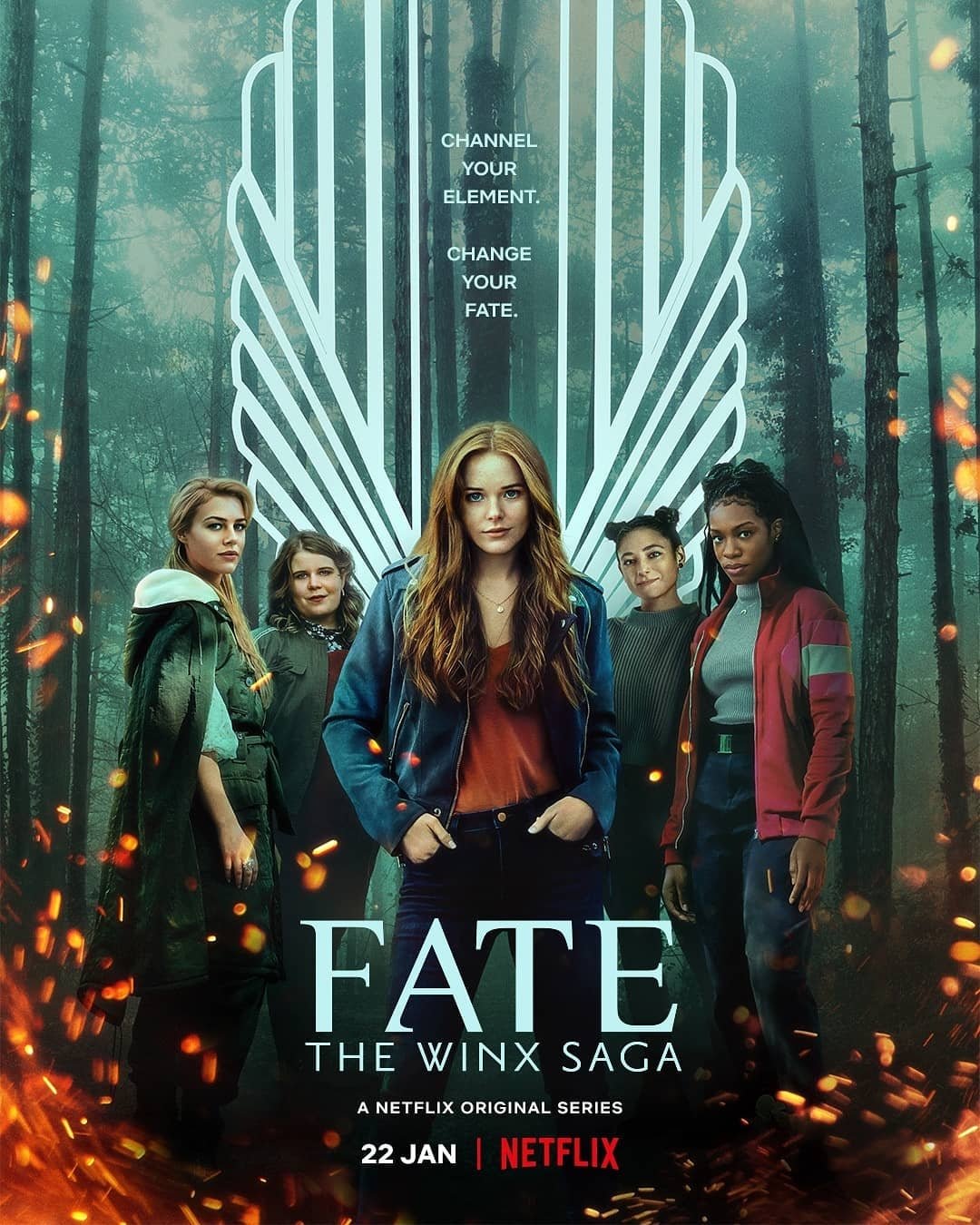 Poster for Fate: The Winx Saga, featuring five young women standing in front of a pair of stylized wings