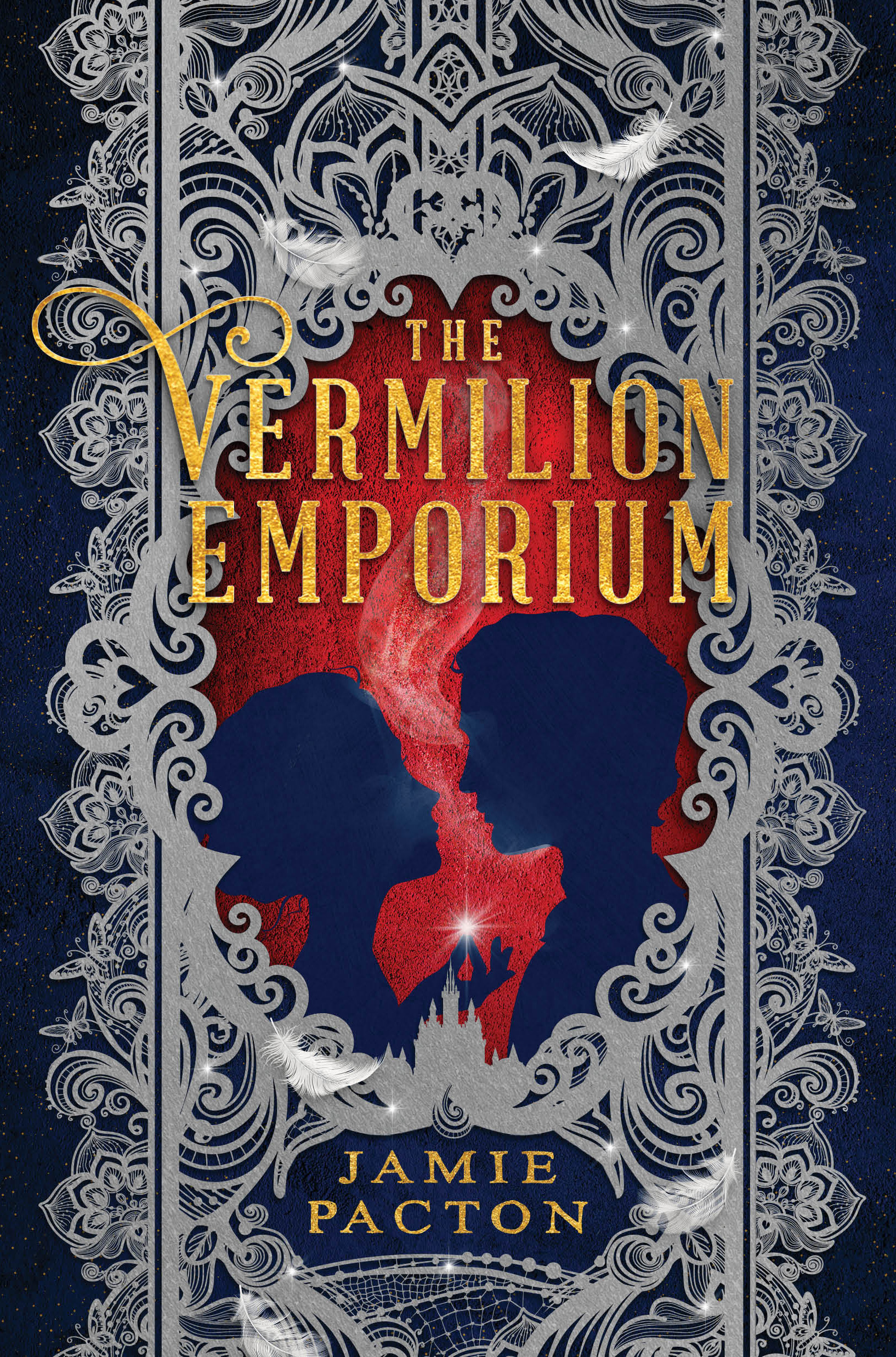 Cover of The Vermilion Emporium, featuring silhouettes of a woman and man looking at each other surrounded by a fancy frame