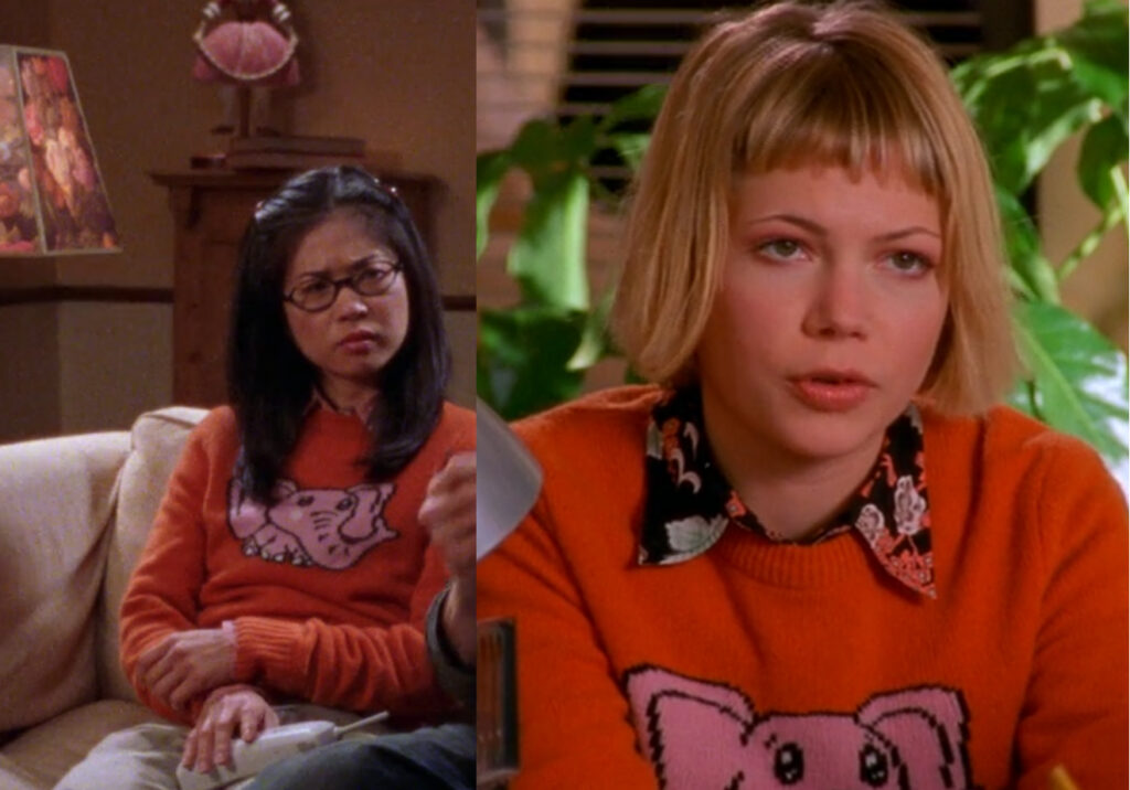 Lane from Gilmore Girls and Jen on Dawson's Creek in side-by-side shots wearing the same neon orange sweater with a pink elephant on the front