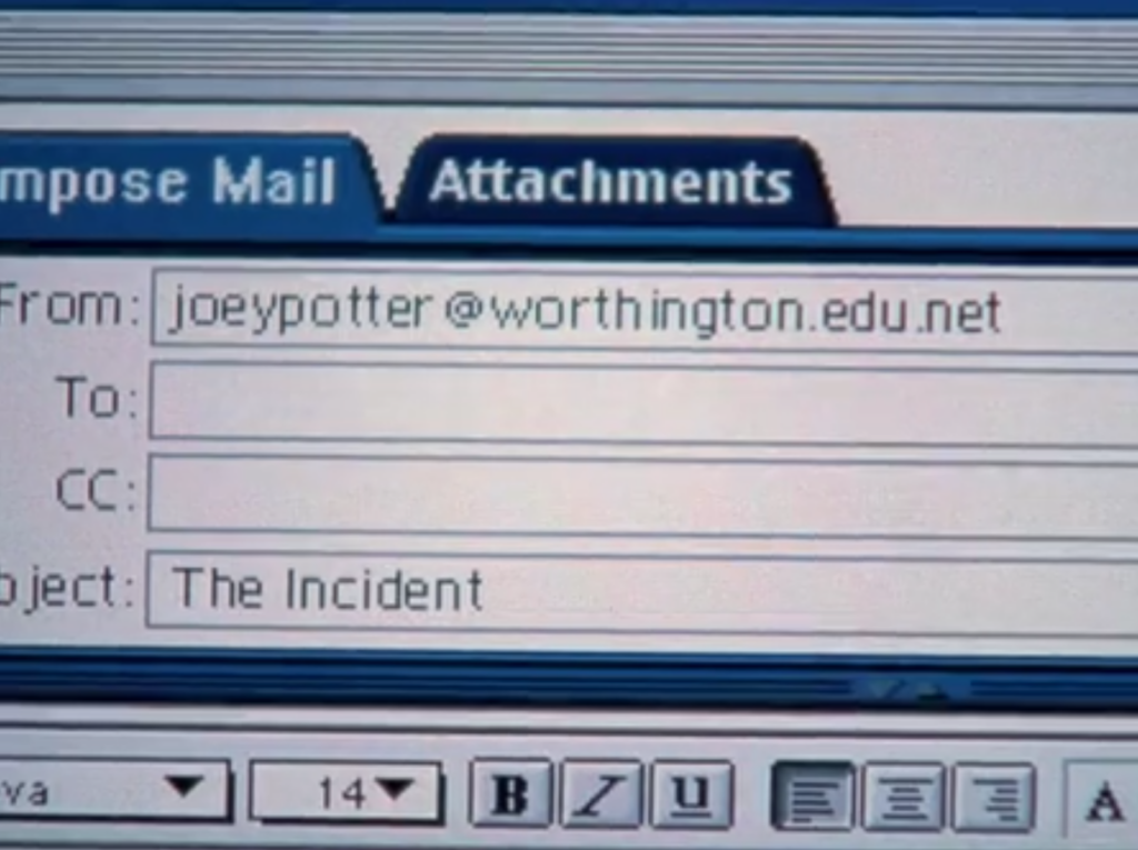 An email sent out from Joey's Worthington.edu address with the subject line "The Incident"